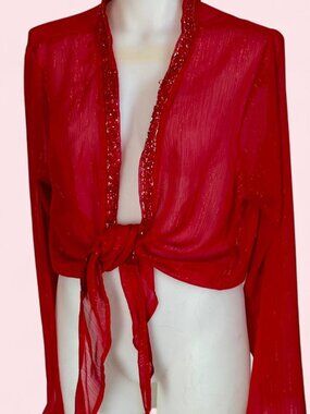 White Stag red sheer front tie long sleeve top with beading